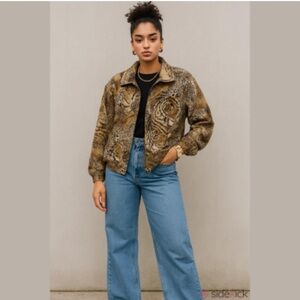 Vintage NWT 100% Silk Animal Print Leopard Tiger Kitty Bomber Jacket Large
